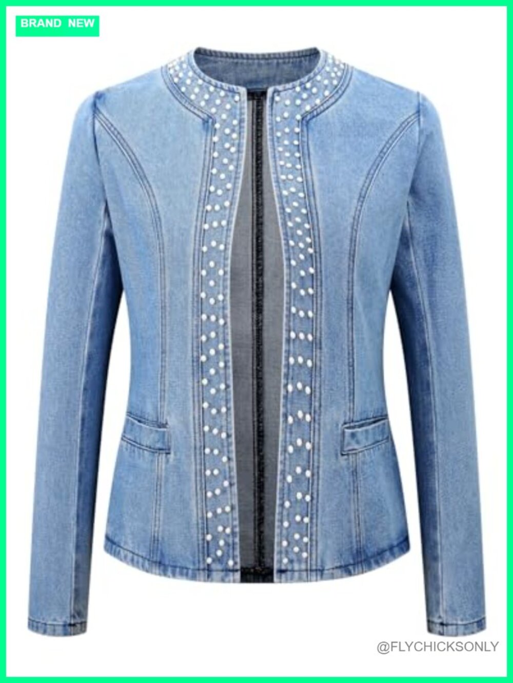 Pearl Denim Jacket Long Sleeve Collarless Rivet Short Coat with Pockets